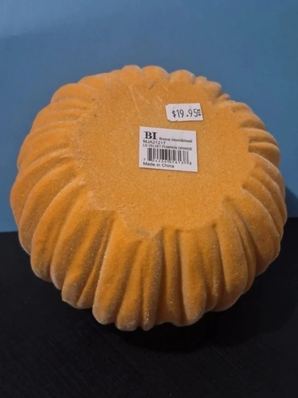 Velvet Decorative Pumpkin - Orange with Green Stem